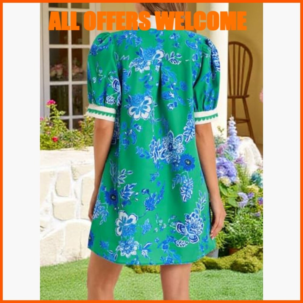 Polyester Elastane Mini Dress with Puff Sleeves V… - image 5